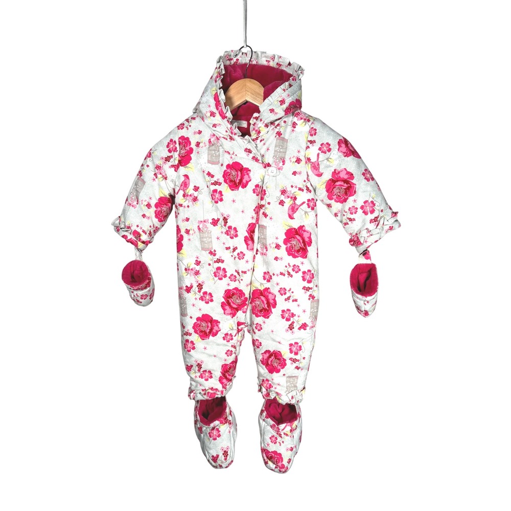 Bambino Piccolo Baby Girl Floral Snowsuit Pink White 6-12M Mittens Booties